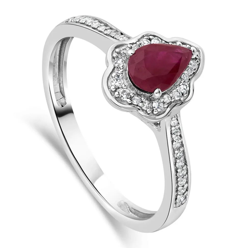 9ct White Gold Pear Ruby Fancy Diamond Halo Diamond Shoulders 0.09ct Ring