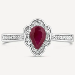9ct White Gold Pear Ruby Fancy Diamond Halo Diamond Shoulders 0.09ct Ring