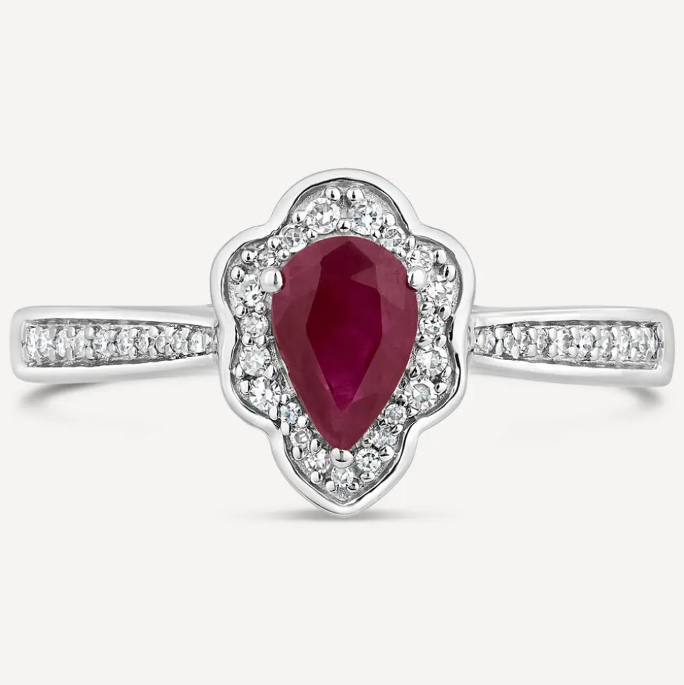 9ct White Gold Pear Ruby Fancy Diamond Halo Diamond Shoulders 0.09ct Ring