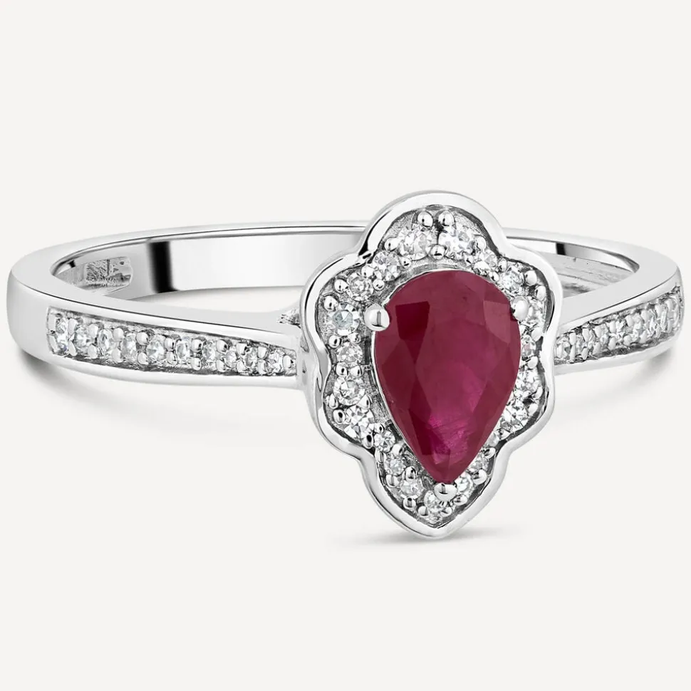 9ct White Gold Pear Ruby Fancy Diamond Halo Diamond Shoulders 0.09ct Ring