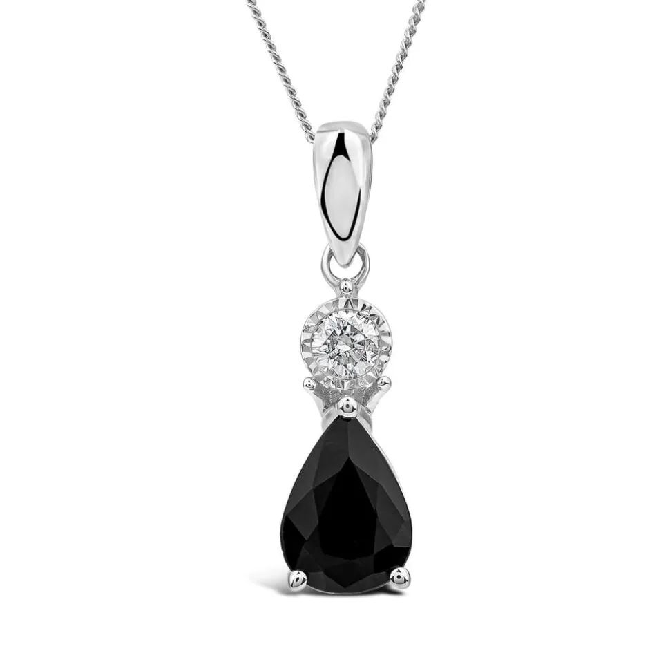 9ct White Gold Pear Sapphire & Diamond Top Pendant