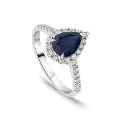 18ct White Gold Pear Sapphire Centre 0.33ct Diamond Halo & Shoulders Ring