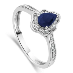 9ct White Gold Pear Sapphire Fancy Diamond Halo Diamond Shoulders 0.09ct Ring