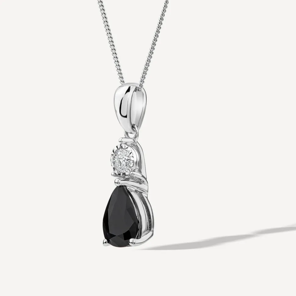 9ct White Gold Pear Sapphire & Diamond Top Pendant