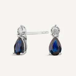 9ct White Gold Pear Sapphire & Diamond Top Drop Earrings