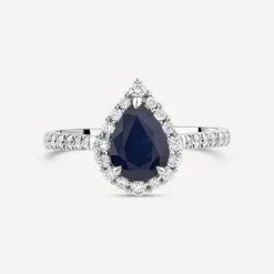 18ct White Gold Pear Sapphire Centre 0.33ct Diamond Halo & Shoulders Ring