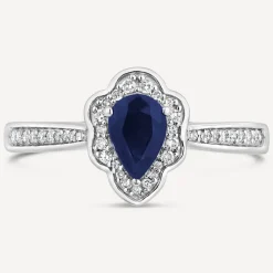 9ct White Gold Pear Sapphire Fancy Diamond Halo Diamond Shoulders 0.09ct Ring