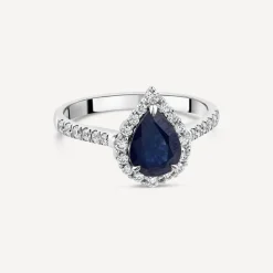 18ct White Gold Pear Sapphire Centre 0.33ct Diamond Halo & Shoulders Ring