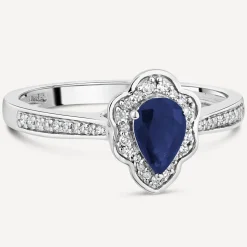 9ct White Gold Pear Sapphire Fancy Diamond Halo Diamond Shoulders 0.09ct Ring