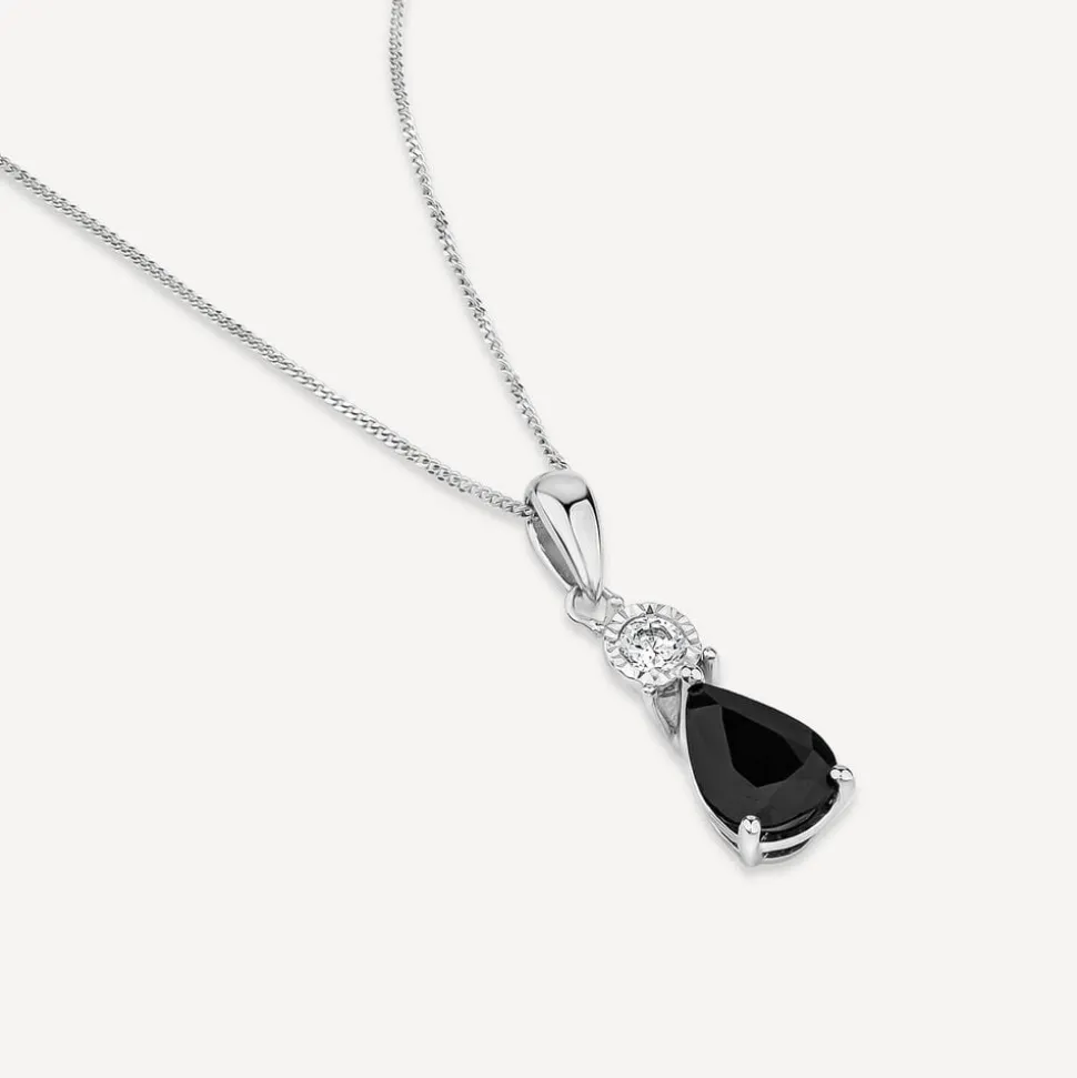 9ct White Gold Pear Sapphire & Diamond Top Pendant