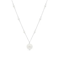 9ct White Gold Pearl Station Chain & Pearl Drop Pendant Necklet