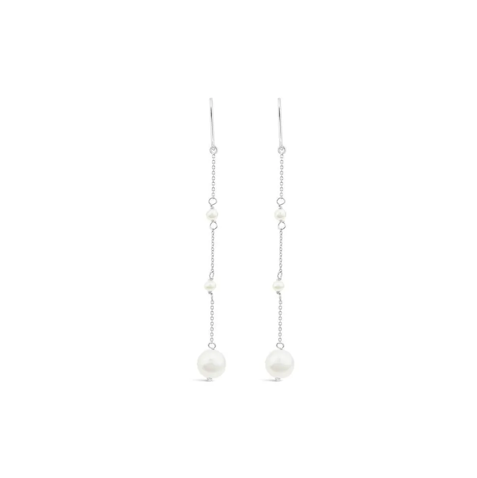 9ct White Gold Pearl Station Chain Drop Earrings