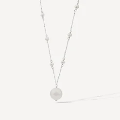 9ct White Gold Pearl Station Chain & Pearl Drop Pendant Necklet