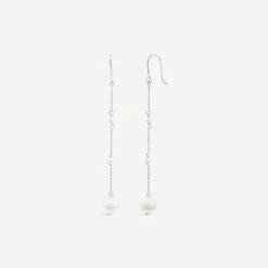 9ct White Gold Pearl Station Chain Drop Earrings