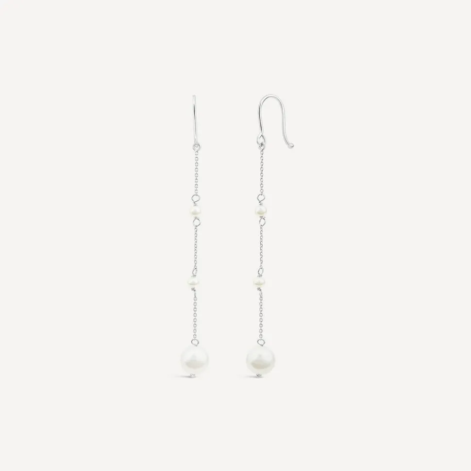 9ct White Gold Pearl Station Chain Drop Earrings