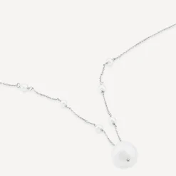 9ct White Gold Pearl Station Chain & Pearl Drop Pendant Necklet