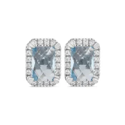 9ct White Gold Rectangular Blue Topaz & Cubic Zirconia Frame Stud Earrings