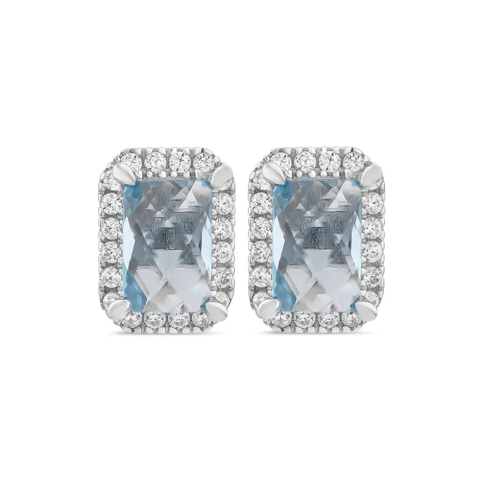 9ct White Gold Rectangular Blue Topaz & Cubic Zirconia Frame Stud Earrings