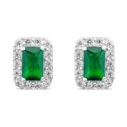 9ct White Gold Rectangular Created Emerald & Cubic Zirconia Frame Stud Earring