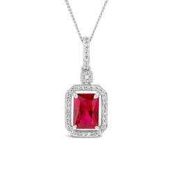 9ct White Gold Rectangular Created Ruby & Diamond Cluster Bale Pendant