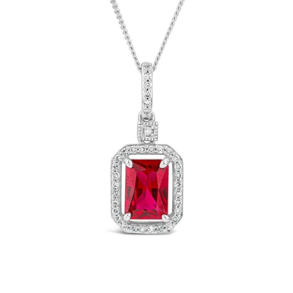 9ct White Gold Rectangular Created Ruby & Diamond Cluster Bale Pendant