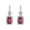 9ct White Gold Rectangular Rhodolite Garnet & 0.10ct Diamond Halo Drop Earrings