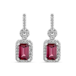 9ct White Gold Rectangular Rhodolite Garnet & 0.10ct Diamond Halo Drop Earrings