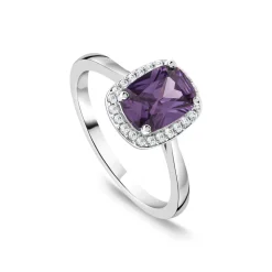 9ct White Gold Rectangular Amethyst Centre 0.12ct Diamond Halo Ring