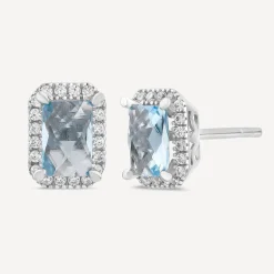 9ct White Gold Rectangular Blue Topaz & Cubic Zirconia Frame Stud Earrings