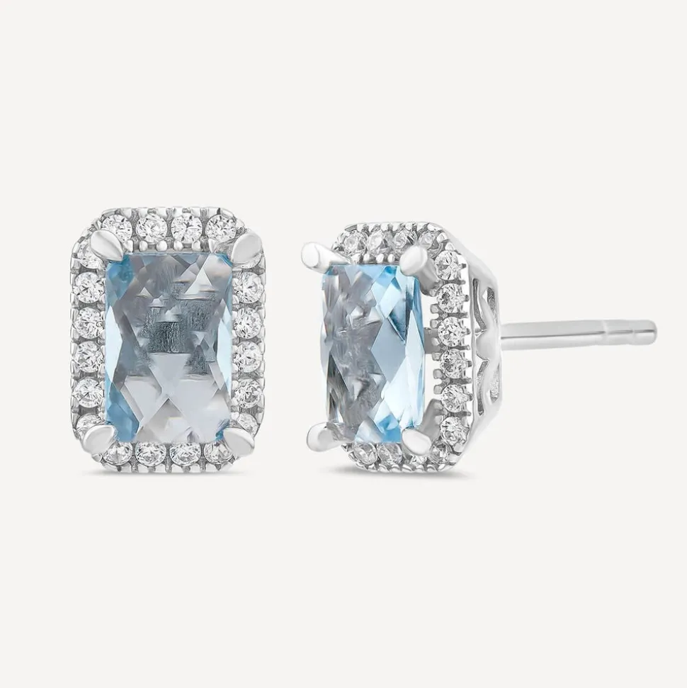 9ct White Gold Rectangular Blue Topaz & Cubic Zirconia Frame Stud Earrings