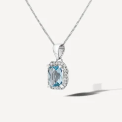 9ct White Gold Rectangular Blue Topaz & Cubic Zirconia Frame Pendant