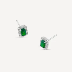 9ct White Gold Rectangular Created Emerald & Cubic Zirconia Frame Stud Earring