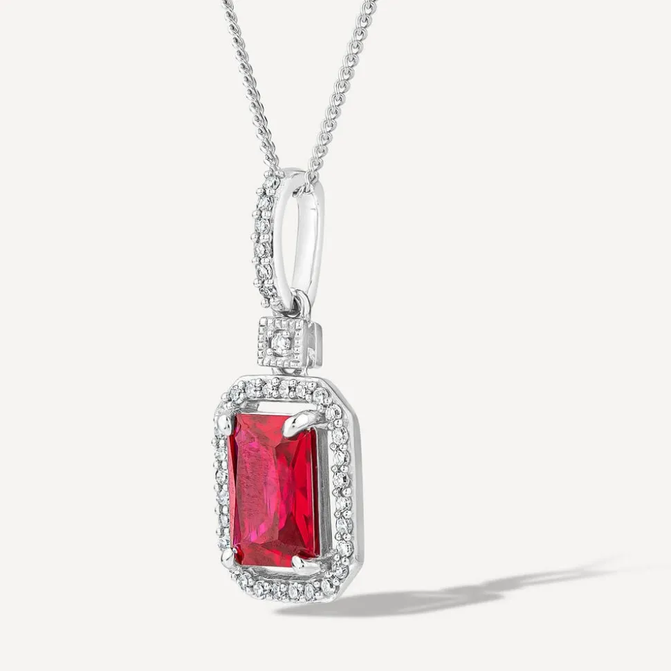 9ct White Gold Rectangular Created Ruby & Diamond Cluster Bale Pendant