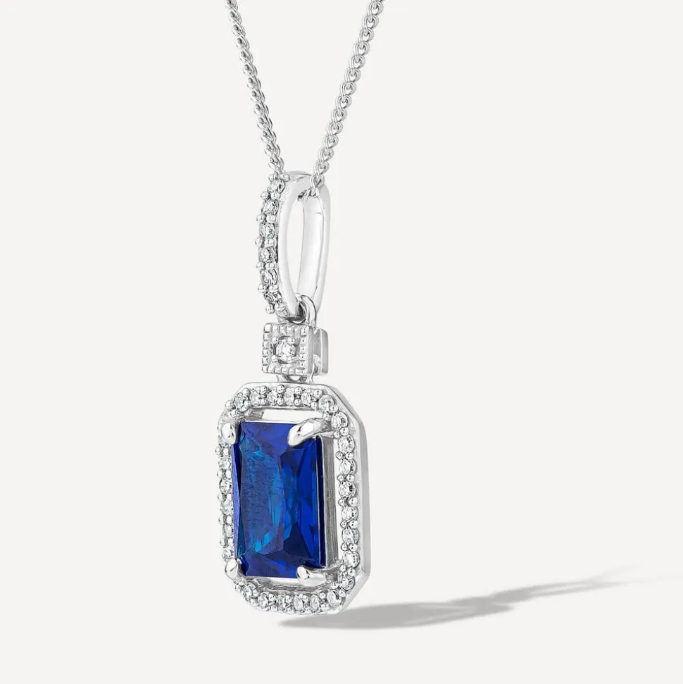 9ct White Gold Rectangular Created Tanzanite & Diamond Cluster Bale Pendant