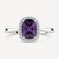 9ct White Gold Rectangular Amethyst Centre 0.12ct Diamond Halo Ring