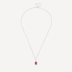 9ct White Gold Rectangular Created Ruby & Diamond Cluster Bale Pendant