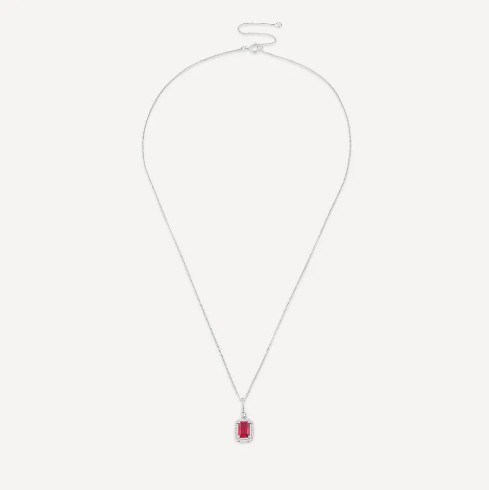 9ct White Gold Rectangular Created Ruby & Diamond Cluster Bale Pendant