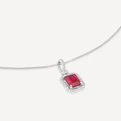 9ct White Gold Rectangular Created Ruby & Diamond Cluster Bale Pendant