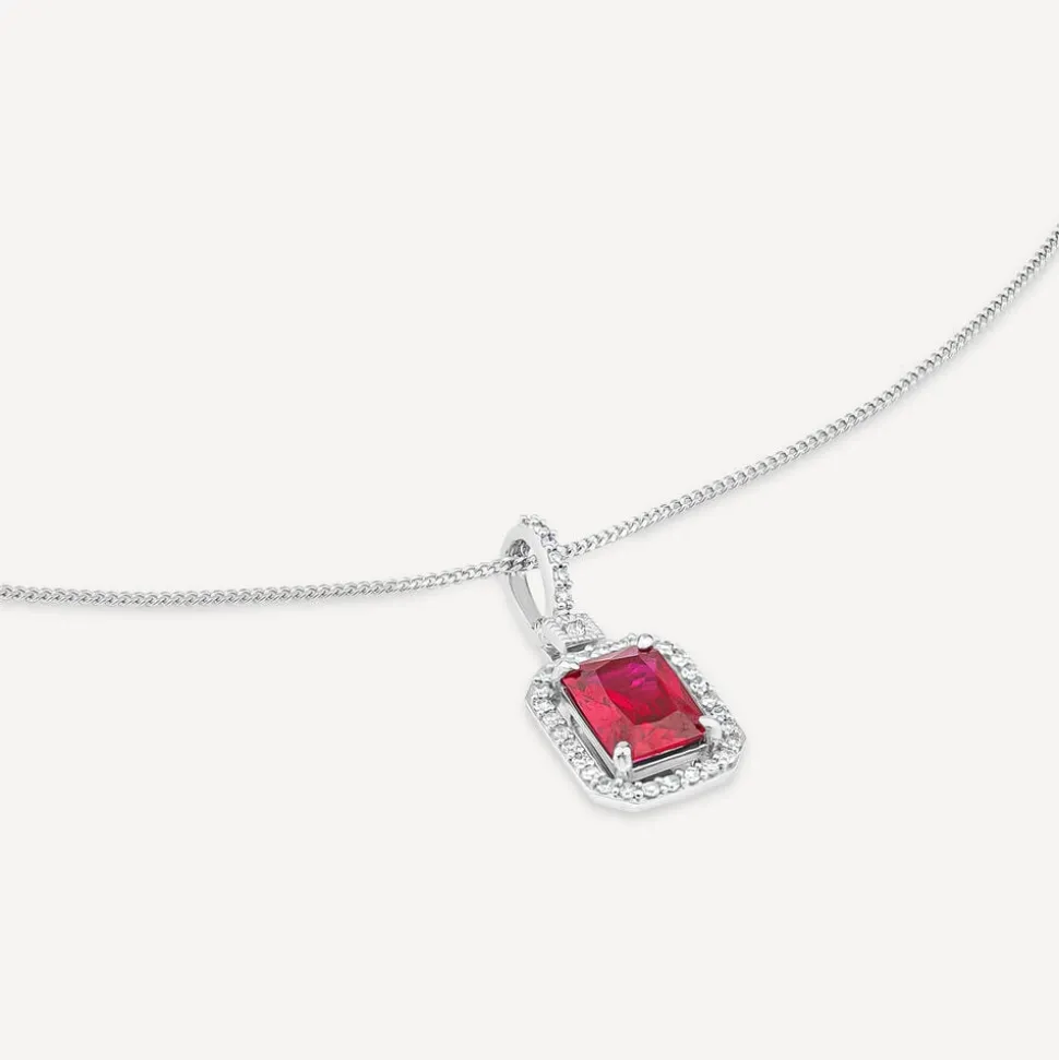 9ct White Gold Rectangular Created Ruby & Diamond Cluster Bale Pendant