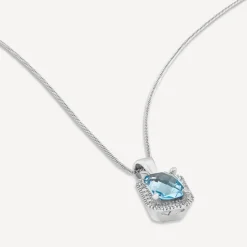 9ct White Gold Rectangular Blue Topaz & Cubic Zirconia Frame Pendant
