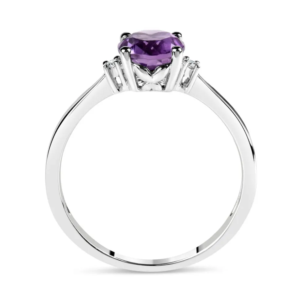 9ct White Gold Round Amethyst Centre 0.02ct Diamond Side Ring