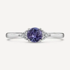 9ct White Gold Round Tanzanite & 0.05ct Trefoil Diamond Sides Ring