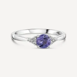 9ct White Gold Round Tanzanite & 0.05ct Trefoil Diamond Sides Ring