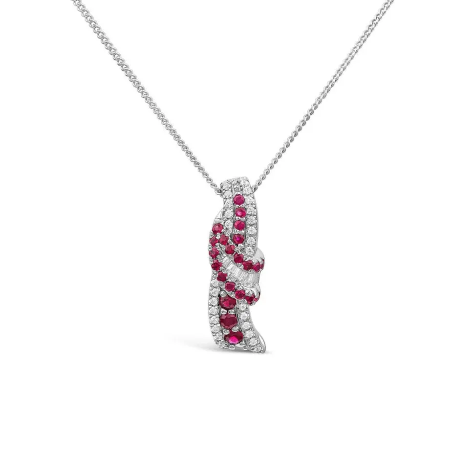 9ct White Gold Ruby & 0.13ct Diamond Baguette Centre Wave Pendant
