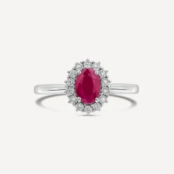 9ct White Gold Ruby & 0.05ct Cluster Diamond Ring