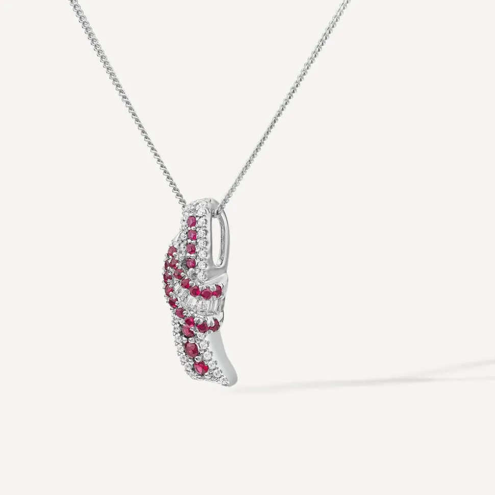 9ct White Gold Ruby & 0.13ct Diamond Baguette Centre Wave Pendant