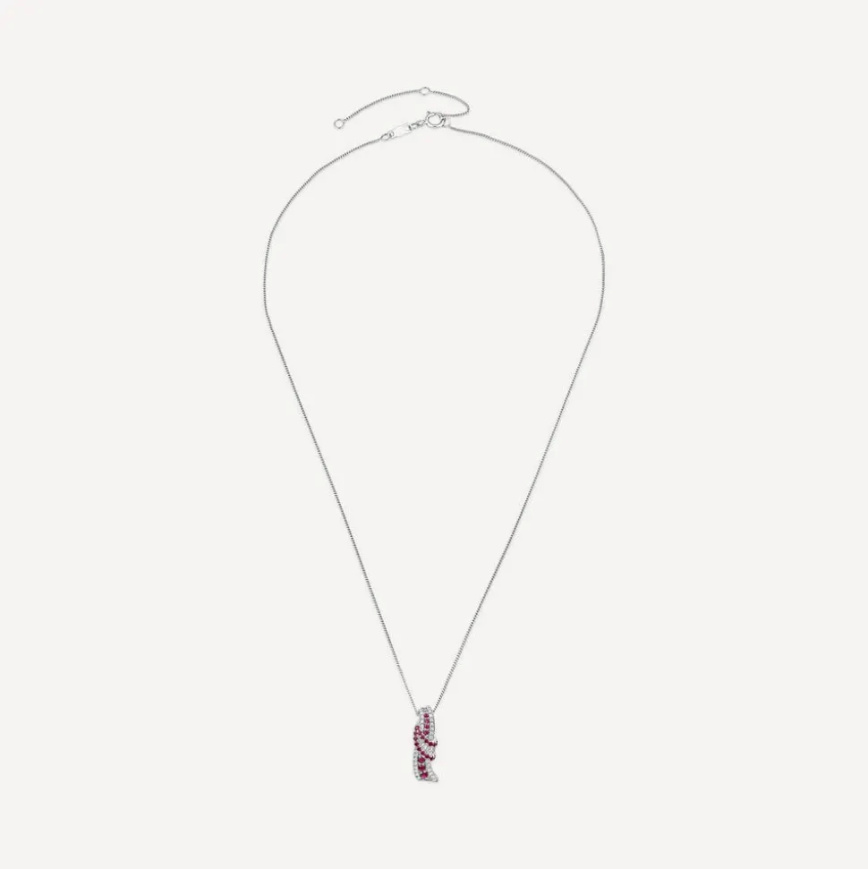 9ct White Gold Ruby & 0.13ct Diamond Baguette Centre Wave Pendant