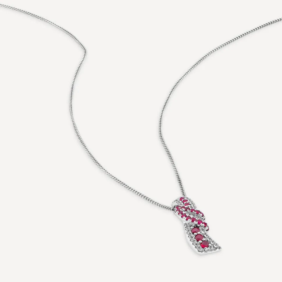 9ct White Gold Ruby & 0.13ct Diamond Baguette Centre Wave Pendant