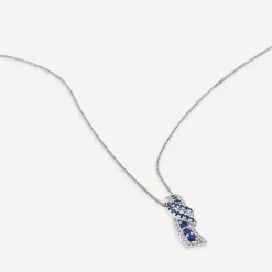 9ct White Gold Sapphire & 0.13ct Diamond Baguette Centre Wave Pendant