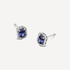 9ct White Gold Tanzanite Diamond Rectangular Stud Earrings